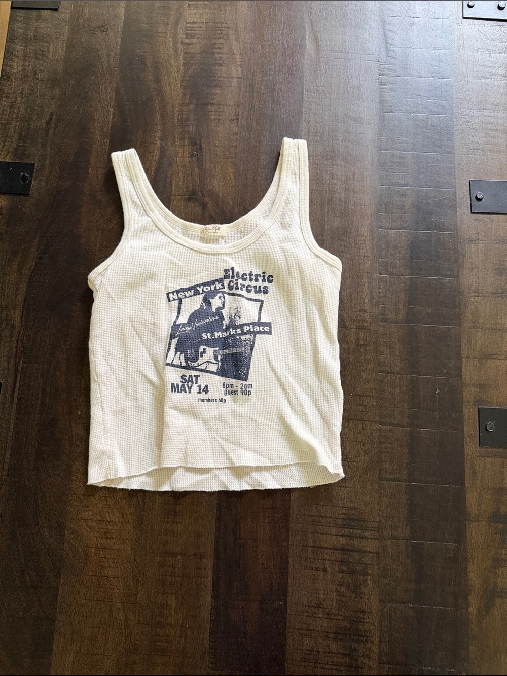Brandy Melville White Ribbed Graphic Tank with Navy Print